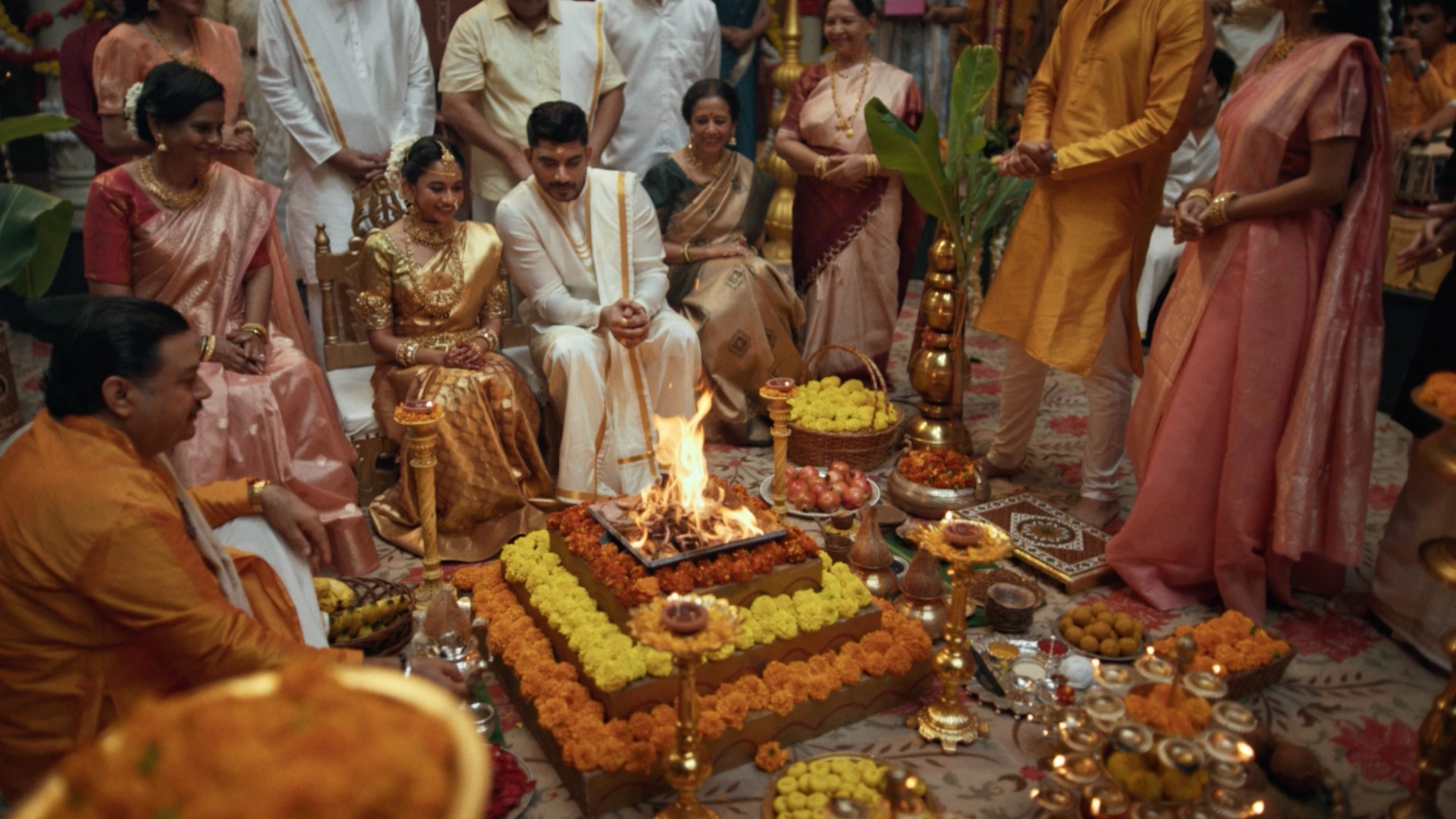 Traditional South Indian wedding ceremony set with floral decorations, sacred fire, and cinematic festive styling.