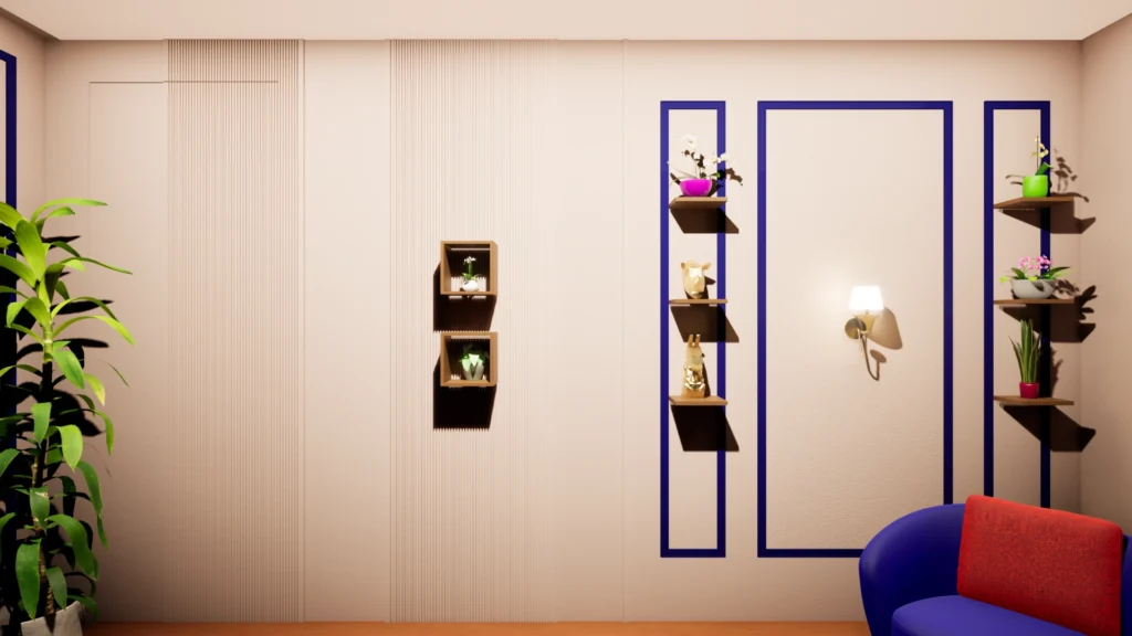 Interior studio composition visualization with wall detailing and styled decor