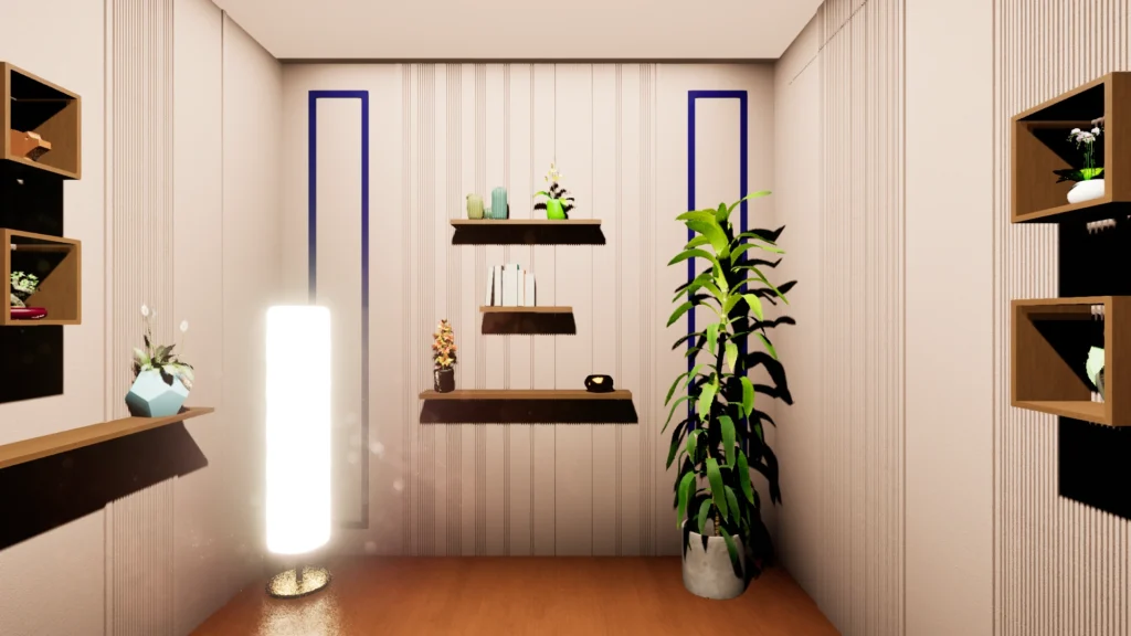 3D studio corner visualization with textured wall panels and floating shelves