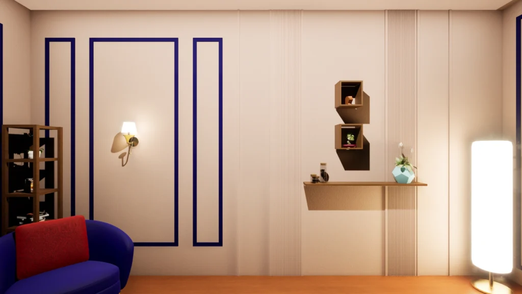 3D visualization of textured studio wall detailing and shelf styling