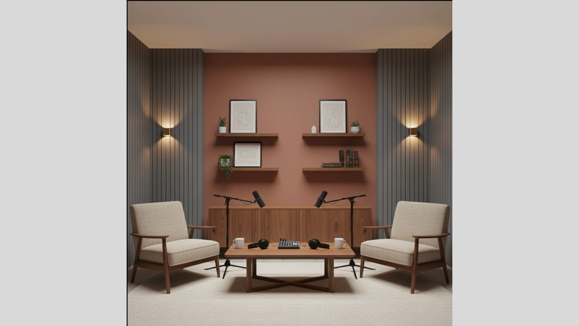 Warm terracotta podcast studio with wood furniture and acoustic wall panels