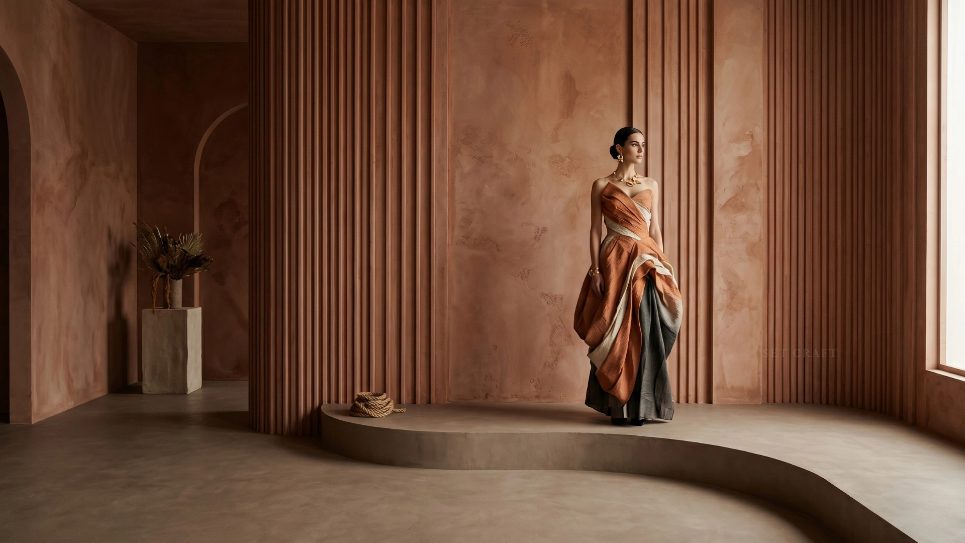 Cinematic terracotta-toned interior featuring sculptural architectural forms, textured wall finishes, curved platforms, and atmospheric fashion styling by Set Craft Atelier.