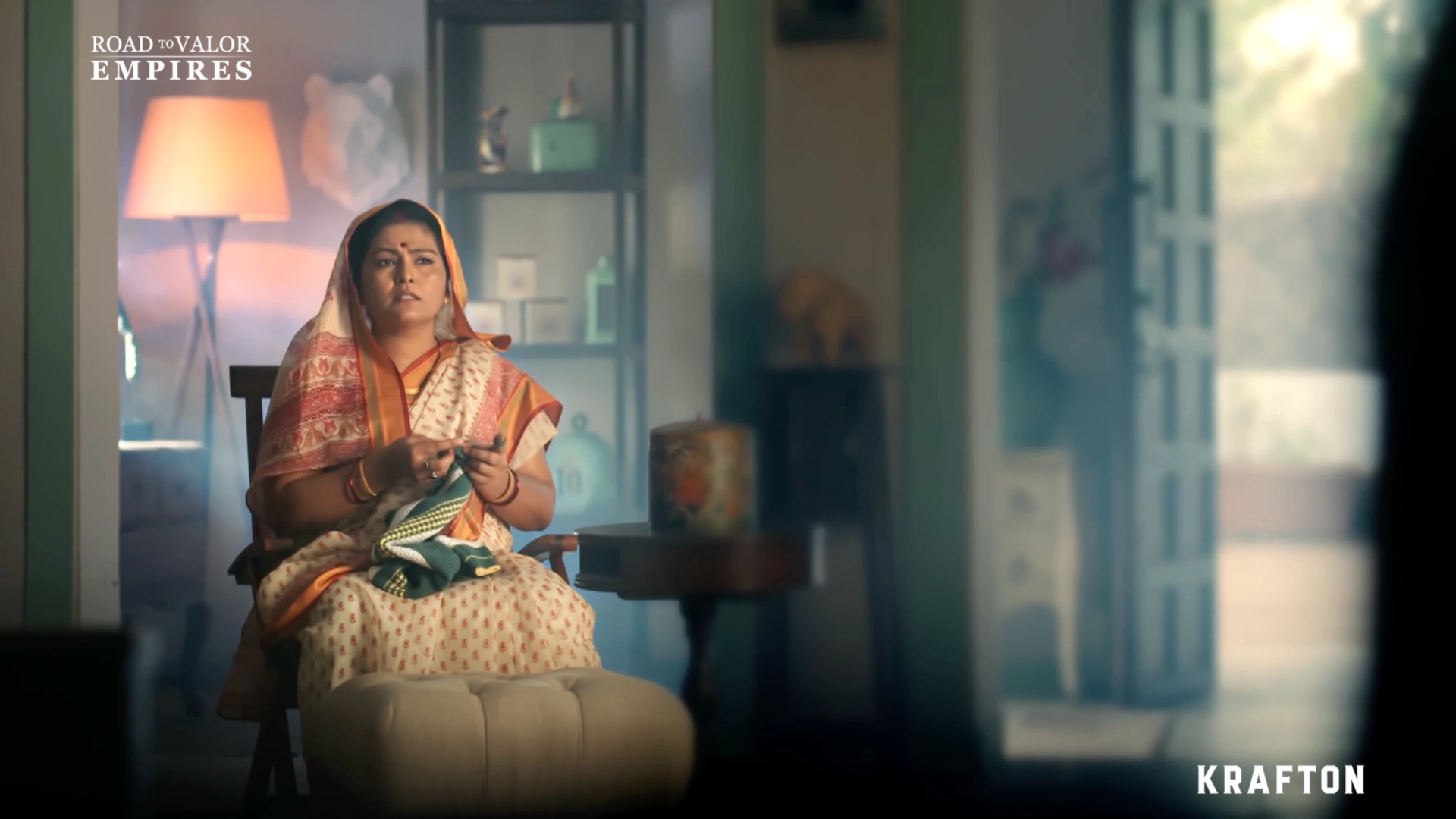 Traditional Indian home interior with saree-clad woman, vintage decor and soft cinematic lighting.