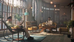 Vintage colonial living room set with large windows, wooden furniture, and cinematic heritage styling.