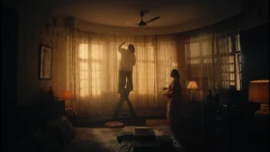 Warm bedroom set with fairy lights, sheer curtains and cinematic sunset lighting for emotional storytelling scenes.