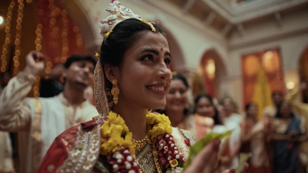 Traditional Bengali bride styling with shola mukut, floral garlands and ceremonial makeup in Vivo Wedding Films.