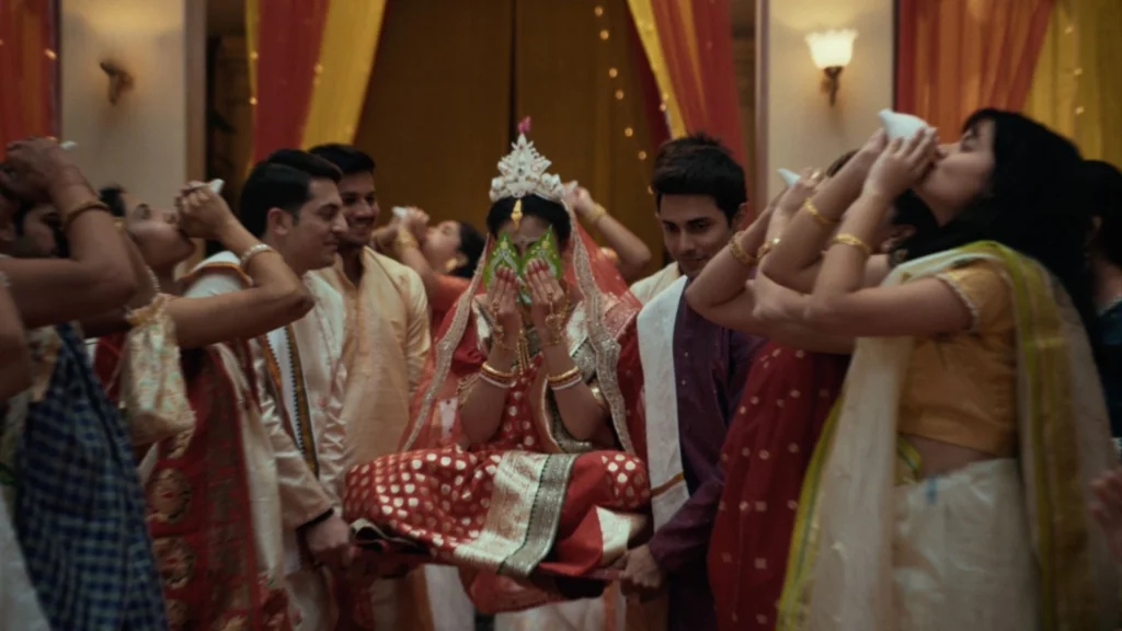Traditional Bengali bride entry ceremony recreated for Vivo Wedding Films with authentic cultural styling and wedding decor.