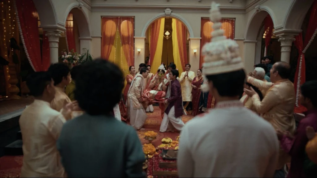 Wide view of Bengali wedding rituals inside a culturally inspired wedding set designed for Vivo Wedding Films.