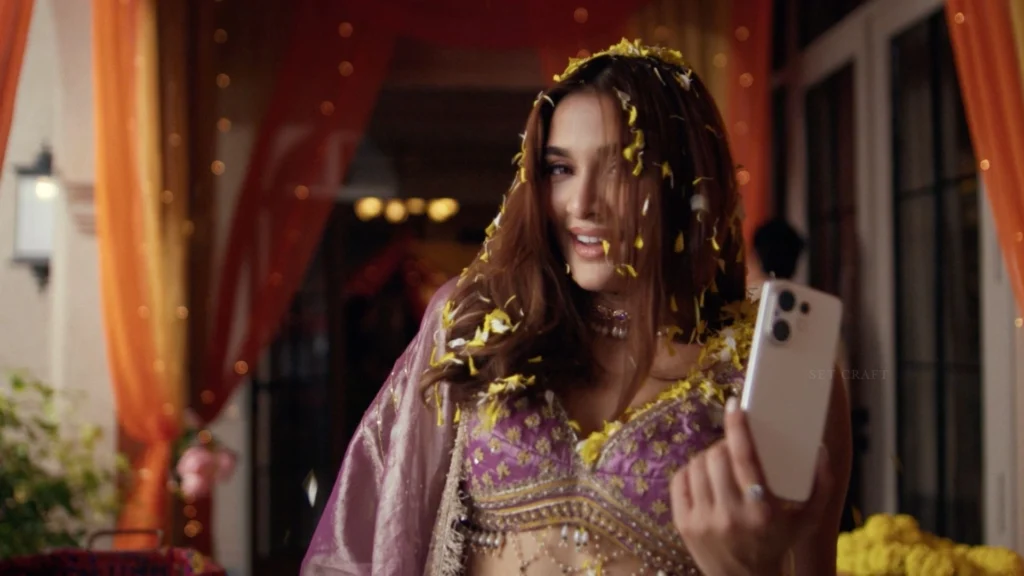 Actress in a North Indian wedding setting designed by Set Craft for the Vivo V60 Pro campaign