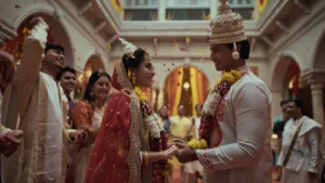 Bengali wedding ceremony scene designed by Set Craft for Vivo Wedding Films featuring traditional attire, floral garlands and cultural wedding decor.