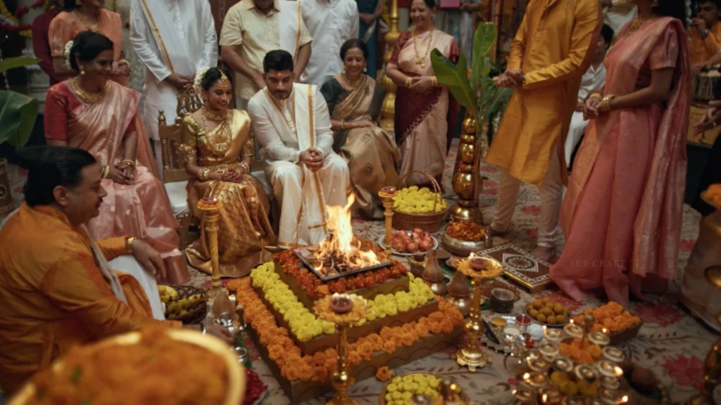 Traditional South Indian wedding production design by Set Craft featuring floral installations, heritage architecture and ceremonial styling for Vivo Wedding Films.