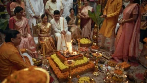 Traditional South Indian wedding production design by Set Craft featuring floral installations, heritage architecture and ceremonial styling for Vivo Wedding Films.