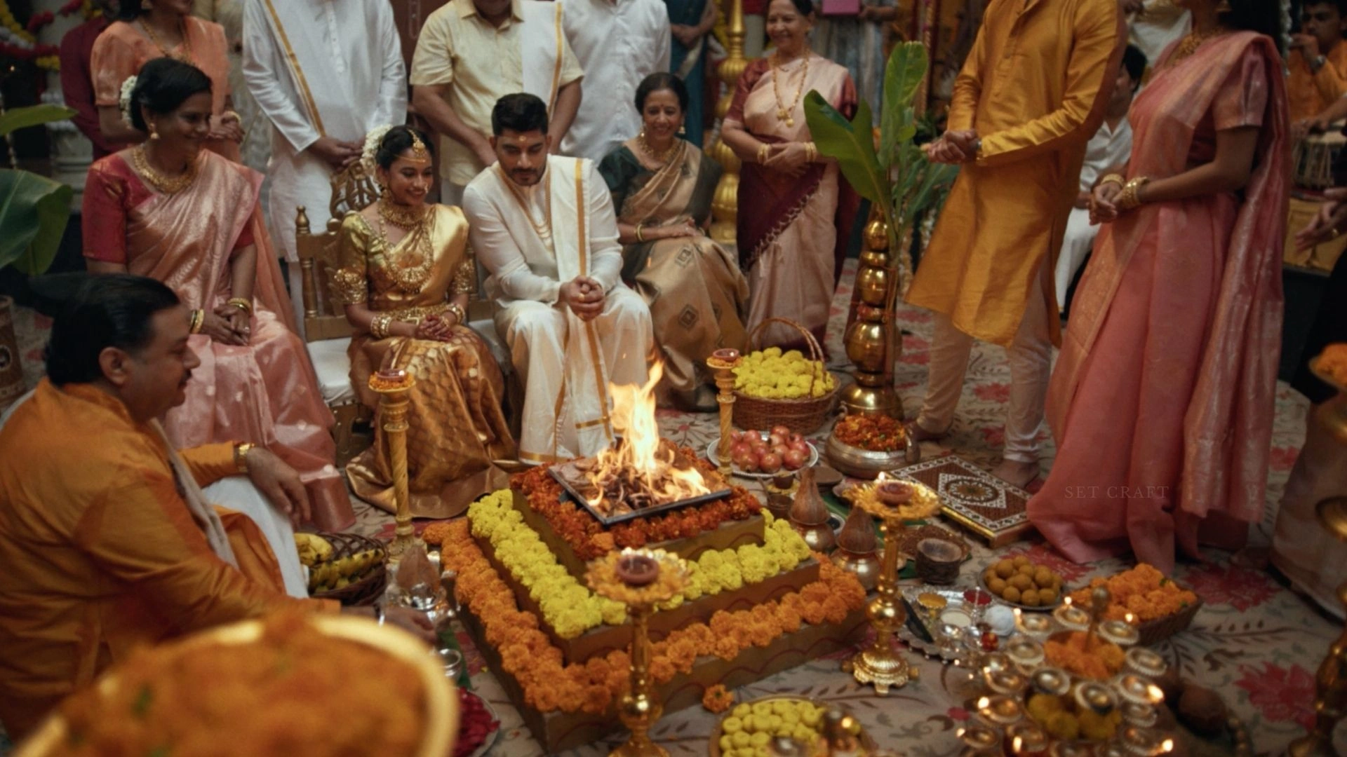 Traditional South Indian wedding production design by Set Craft featuring floral installations, heritage architecture and ceremonial styling for Vivo Wedding Films.