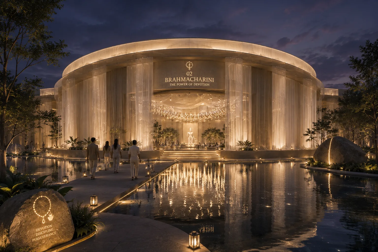 Brahmacharini devotion pavilion with illuminated curtains and reflected light across water