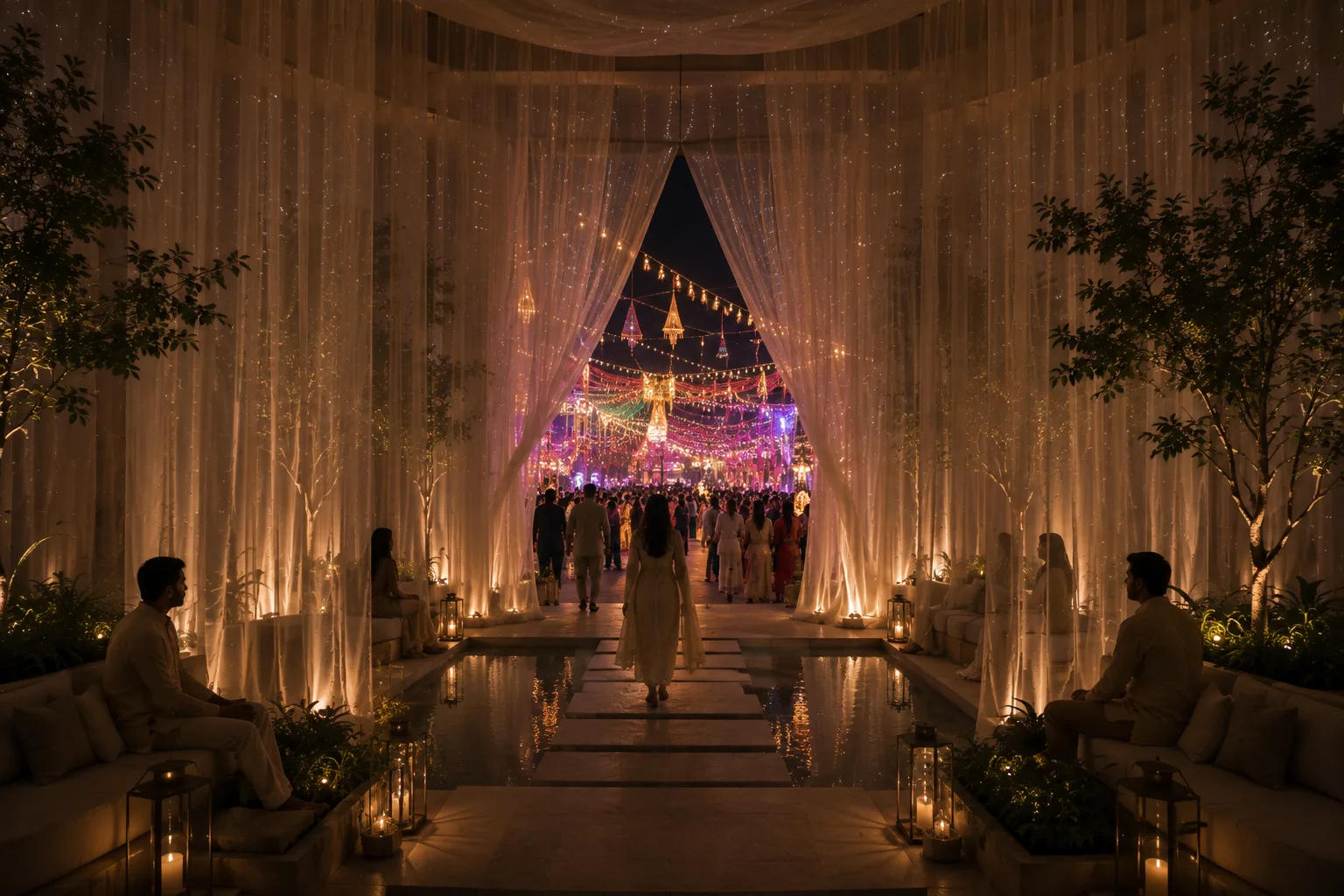 Brahmacharini veiled exit framing the bright colours of the surrounding Garba festival