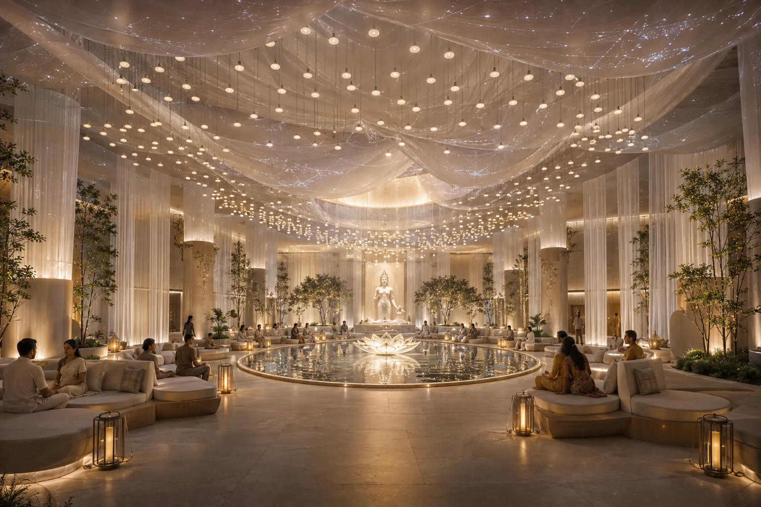 Brahmacharini sanctuary hero concept with a translucent canopy and central reflecting pool
