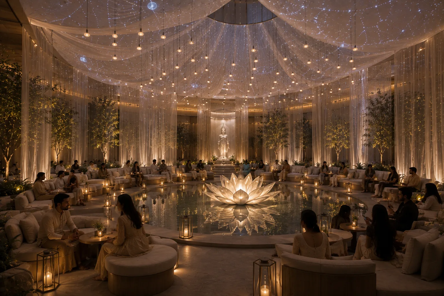 Illuminated lotus and quiet seating in Brahmacharini immersive devotional sanctuary