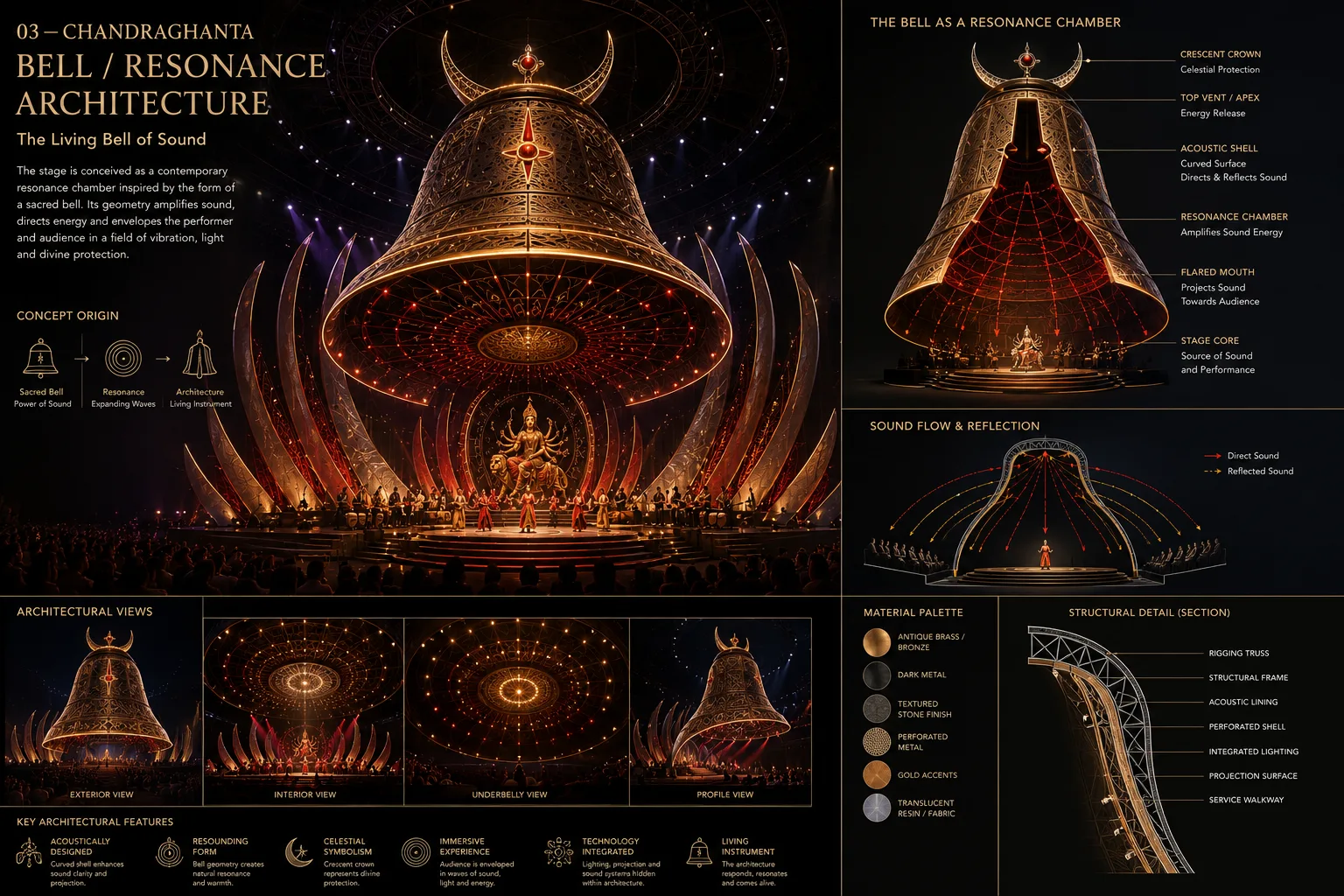 Bell inspired Chandraghanta resonance stage architecture with technical schematic