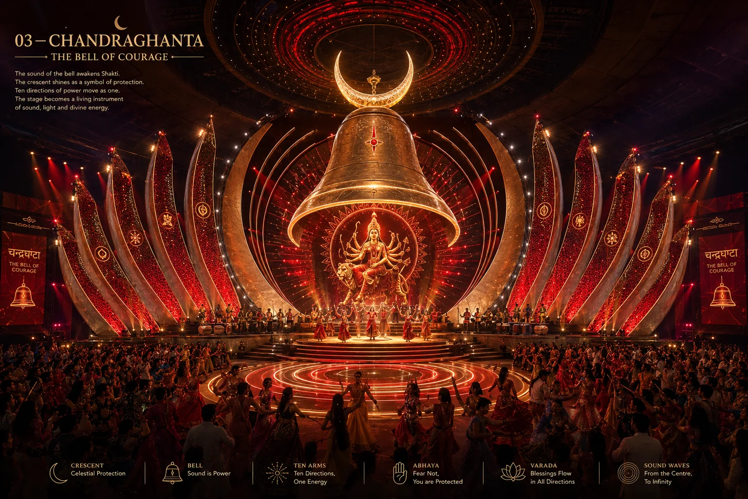 Chandraghanta hero Garba stage featuring monumental bell and red-gold illuminated fins