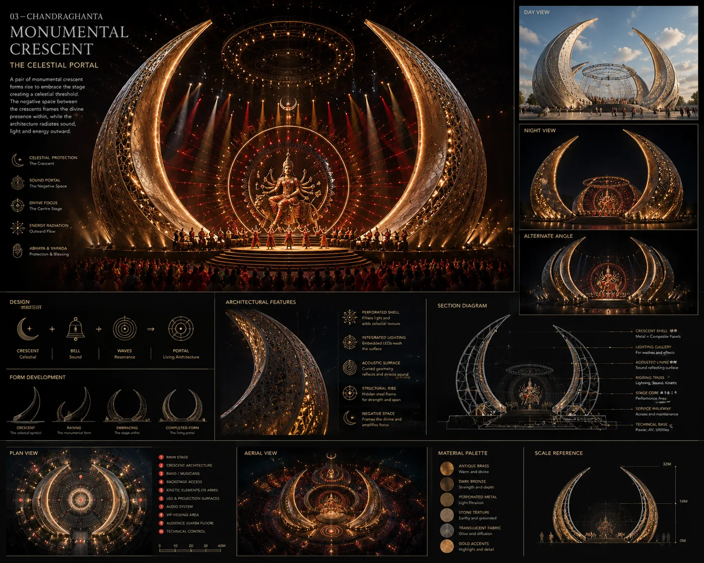 Chandraghanta monumental crescent architectural concept study with elevation and views