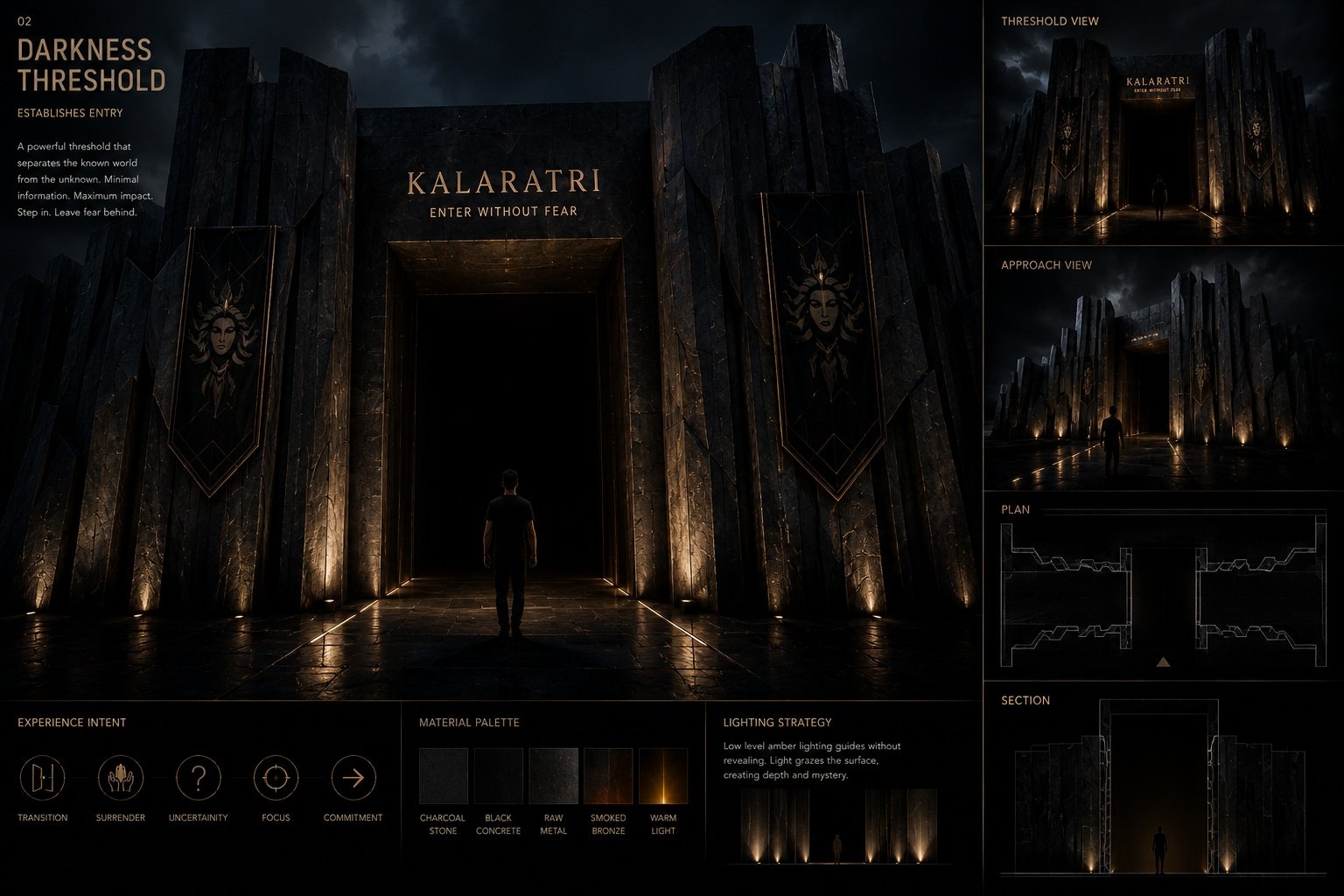 Monumental black-stone entrance to the Kalaratri experience, with restrained amber light and a visitor silhouette.