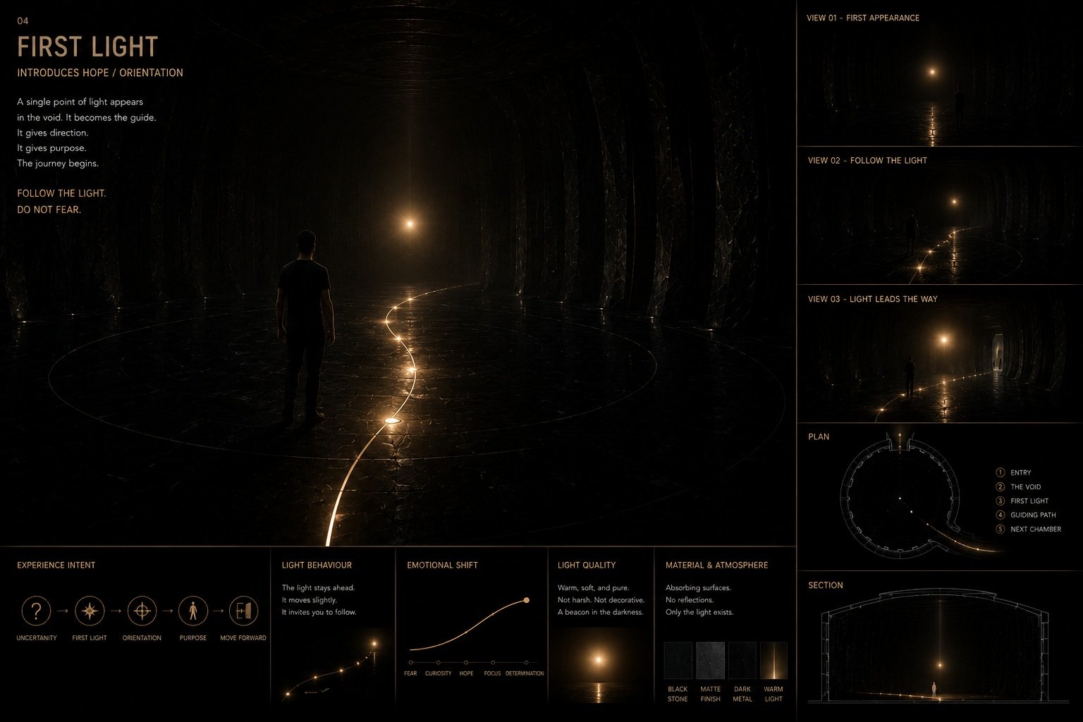 A small golden light and its reflection guide a visitor through a dark Kalaratri chamber.