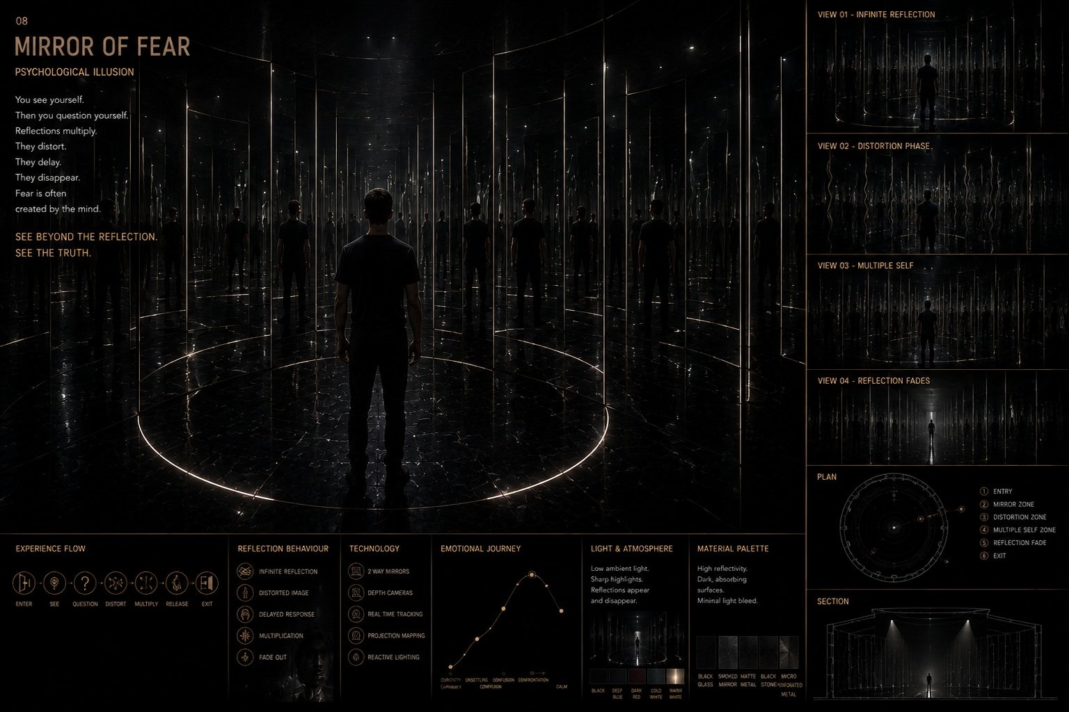 A visitor surrounded by tall dark mirrors and repeated reflections in the Mirror of Fear concept.