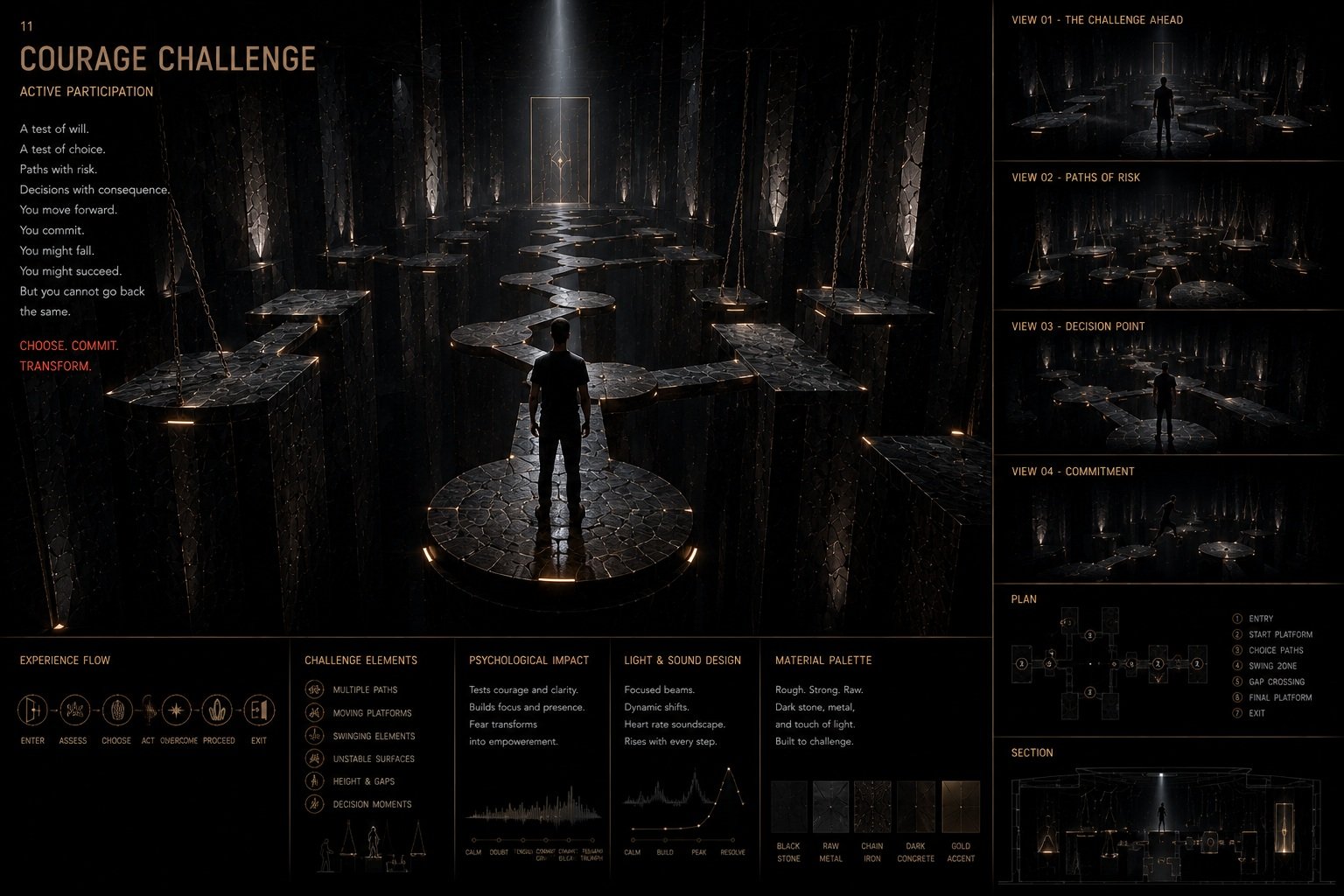 A sequence of circular stepping platforms leads a visitor through a dark architectural void in the Courage Challenge concept.