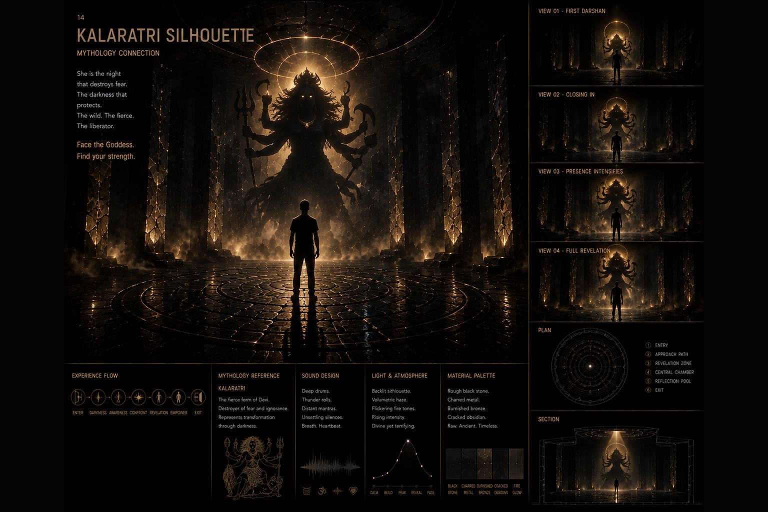 A monumental Kalaratri silhouette appears in warm backlight above a visitor within a dark stone chamber.