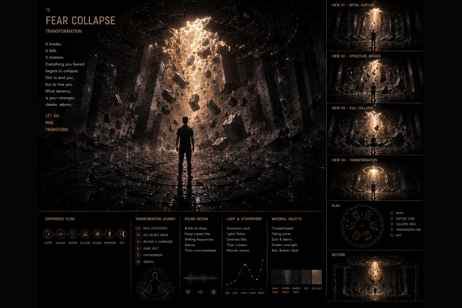 Dark fragments appear to dissolve around a visitor as warm golden light emerges in the Fear Collapse concept.