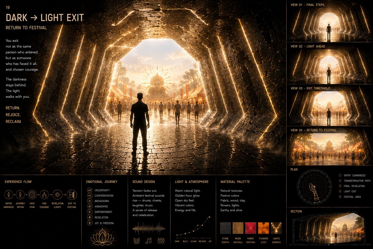 A golden-lit tunnel opens from the dark Kalaratri experience into a bright festival gathering.