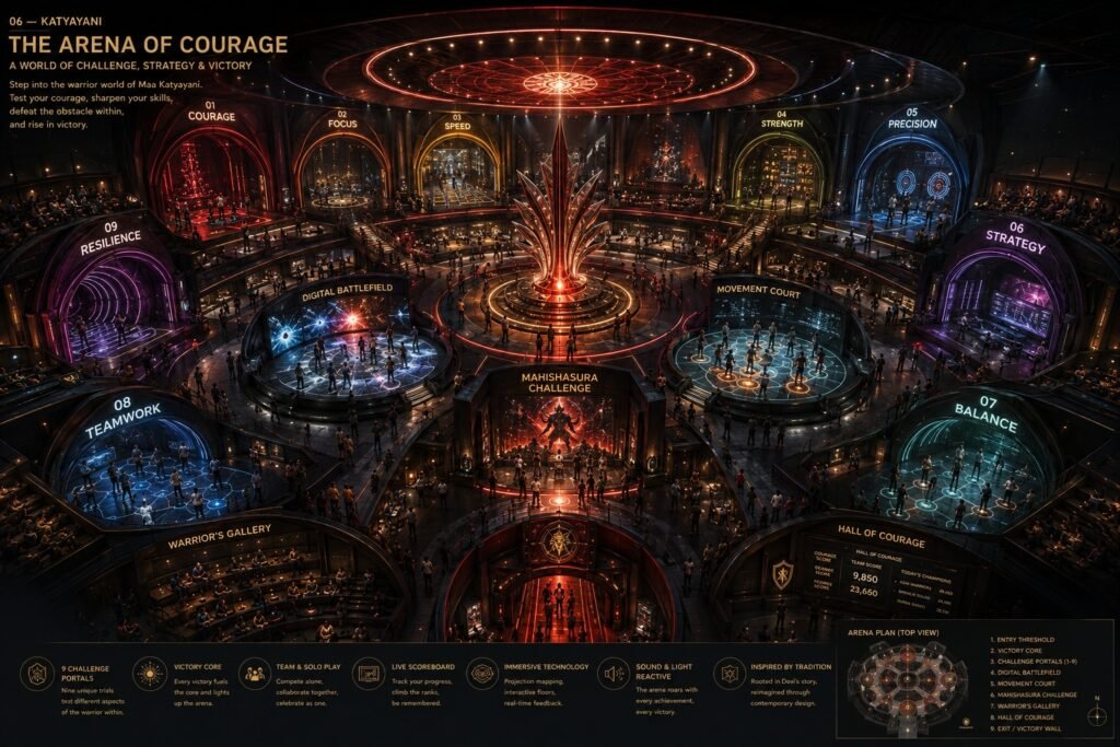 Katyayani Arena of Courage overview with nine illuminated challenge portals surrounding a central Victory Core; conceptual spatial design.