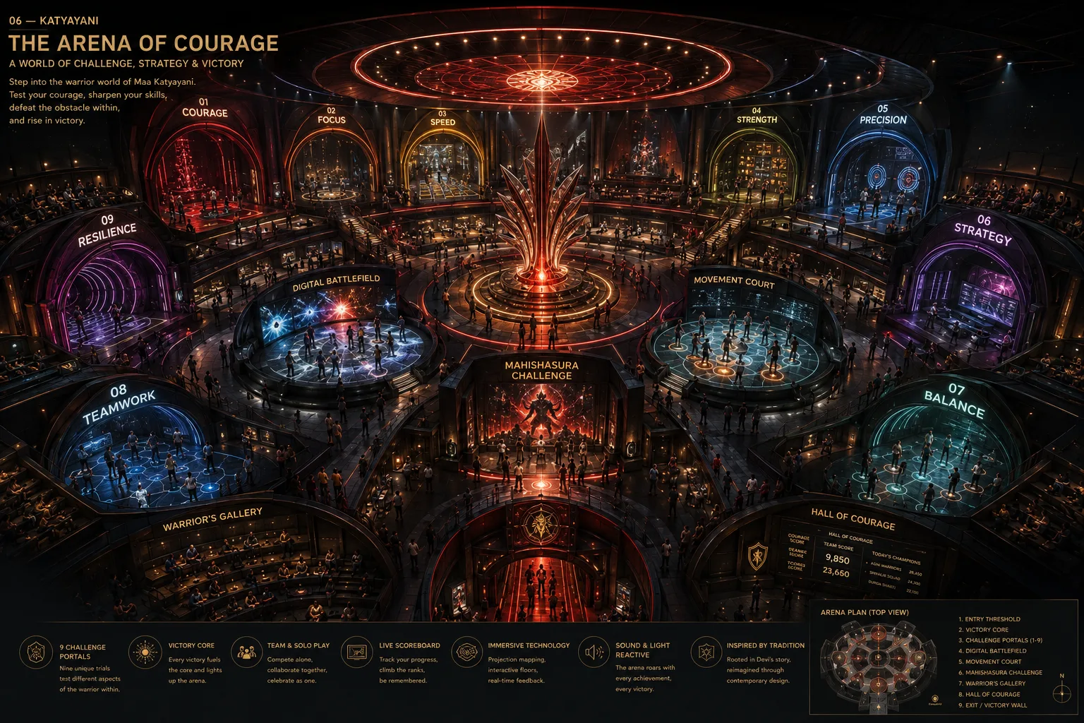 Katyayani strategy and reflex gaming arena with radial challenge portals and centrepiece