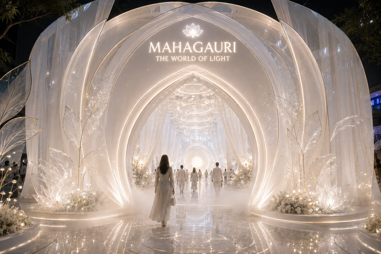Mahagauri pearl-white glowing gateway with flowers, translucent sculpture and visitors