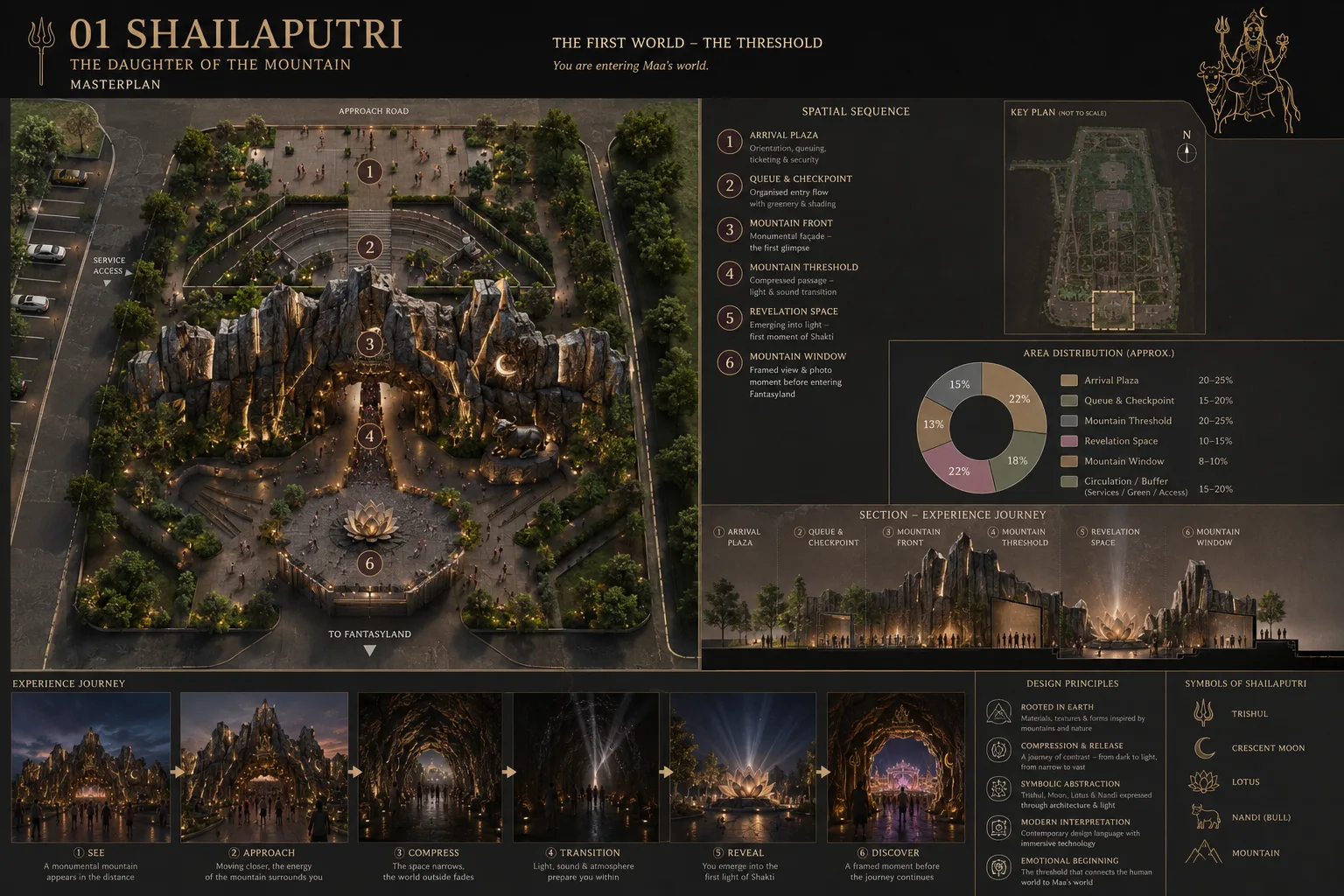 Architectural concept board for Shailaputri showing 2D masterplan, atmosphere, experience sequence and symbols