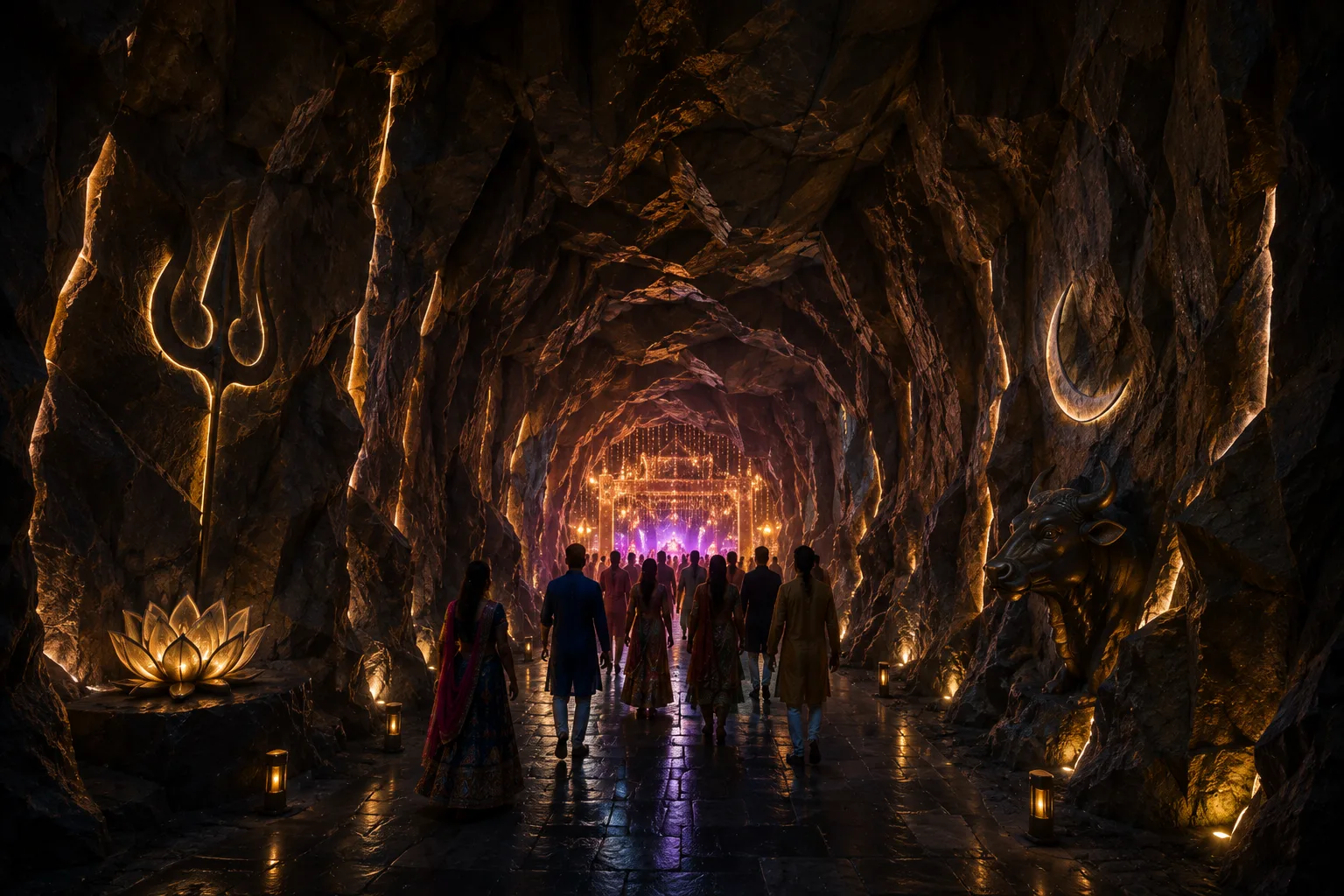 Rock-lined transitional passage with trishul and crescent motifs and warm integrated lighting
