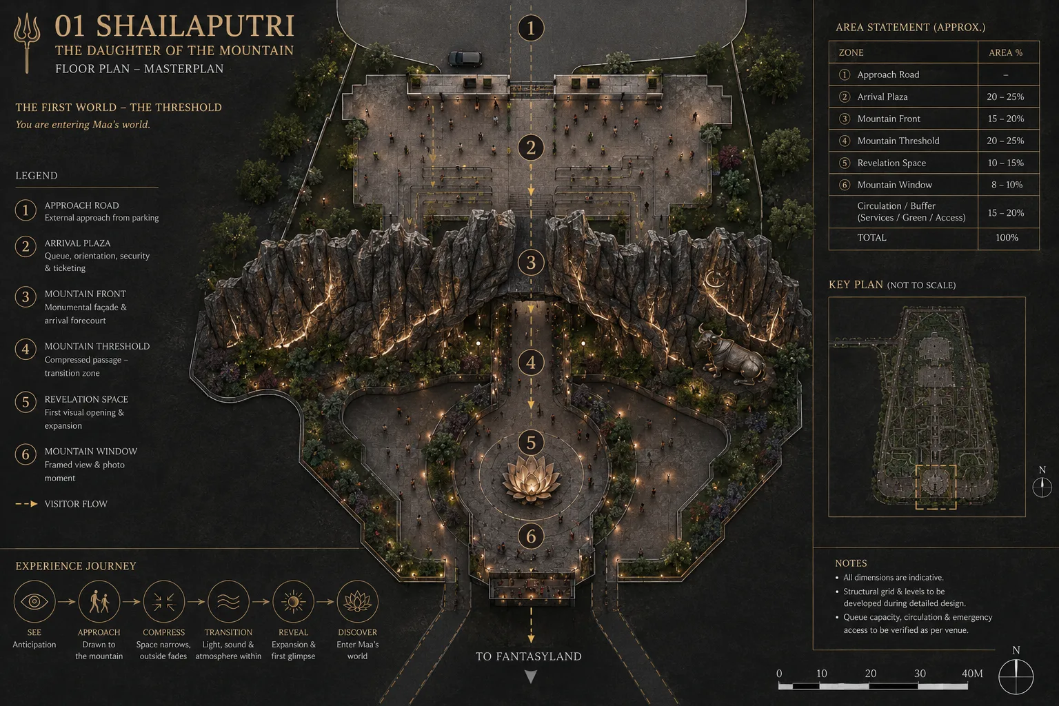 Shailaputri top-down experience plan with numbered arrival, entrance, transition and revelation zones