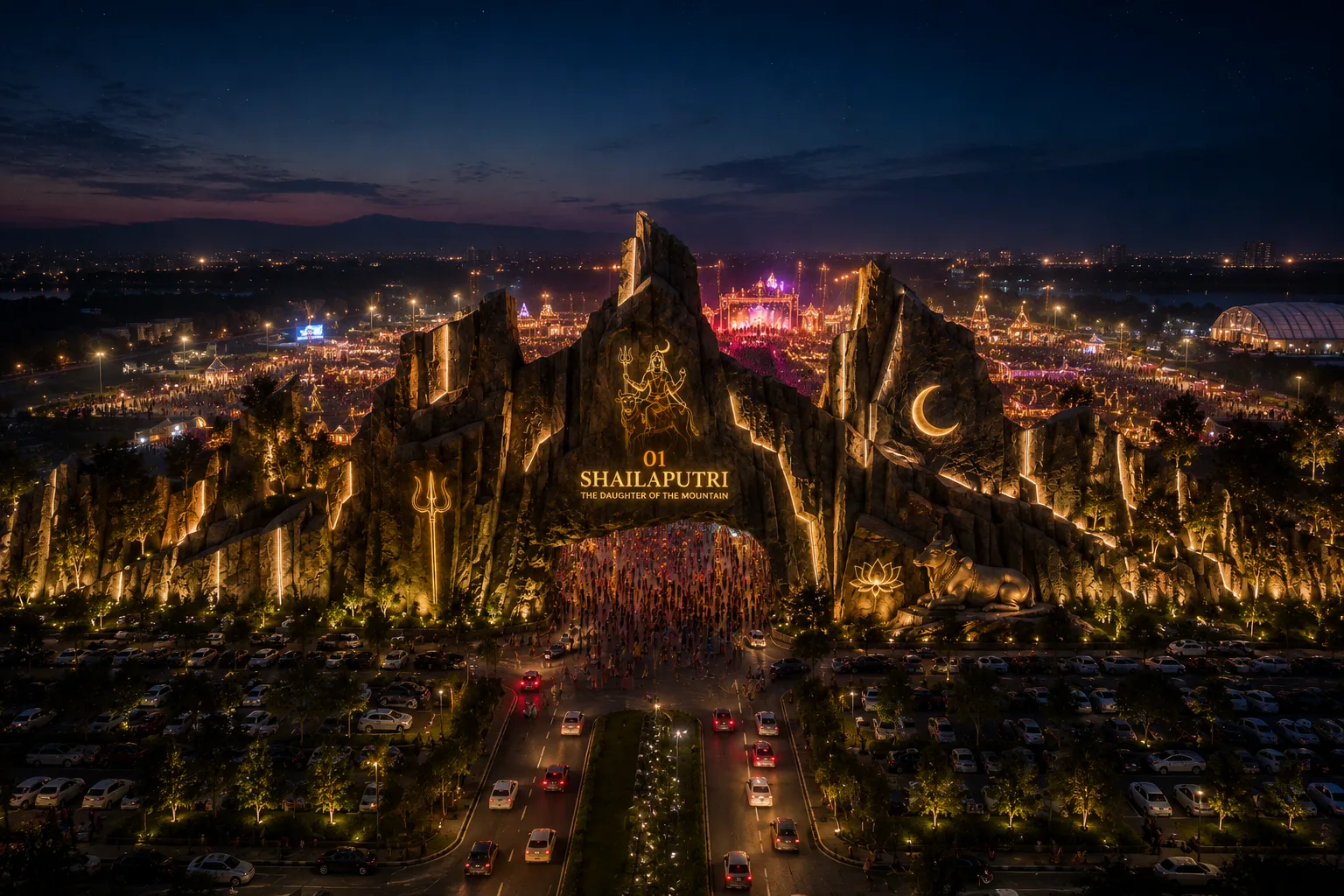 Aerial perspective of Shailaputri gateway, illuminated visitor approaches and festival complex