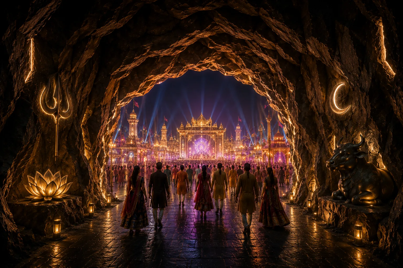 Visitors move from a shadowed Shailaputri cave threshold towards an illuminated Navratri festival