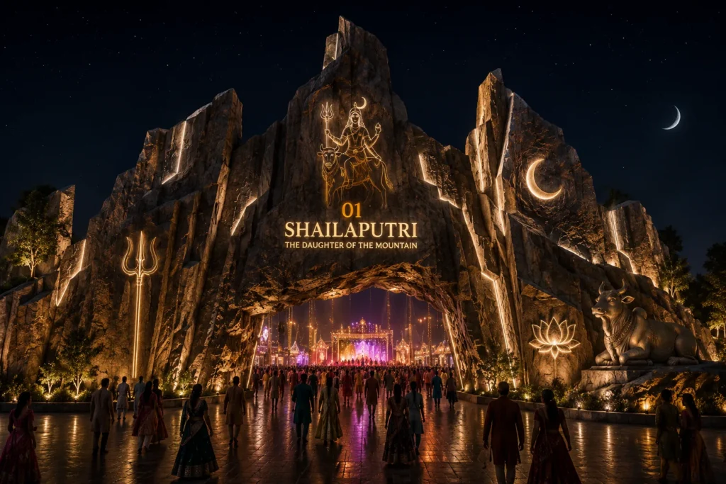 Shailaputri illuminated mountain entrance with trishul, lotus, crescent moon and Nandi in cinematic Navratri spatial design