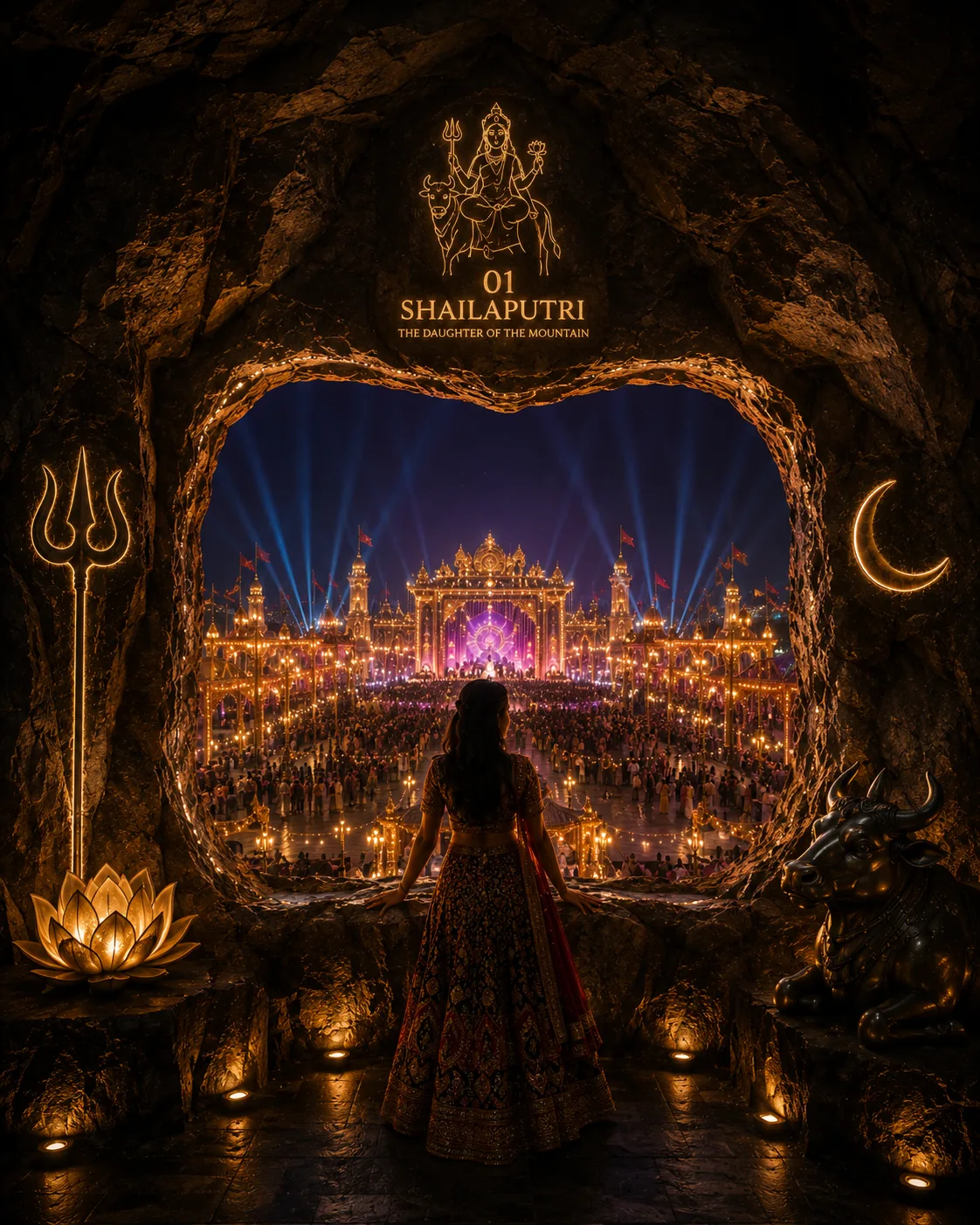 Visitor looking through framed mountain window toward a luminous festival beyond