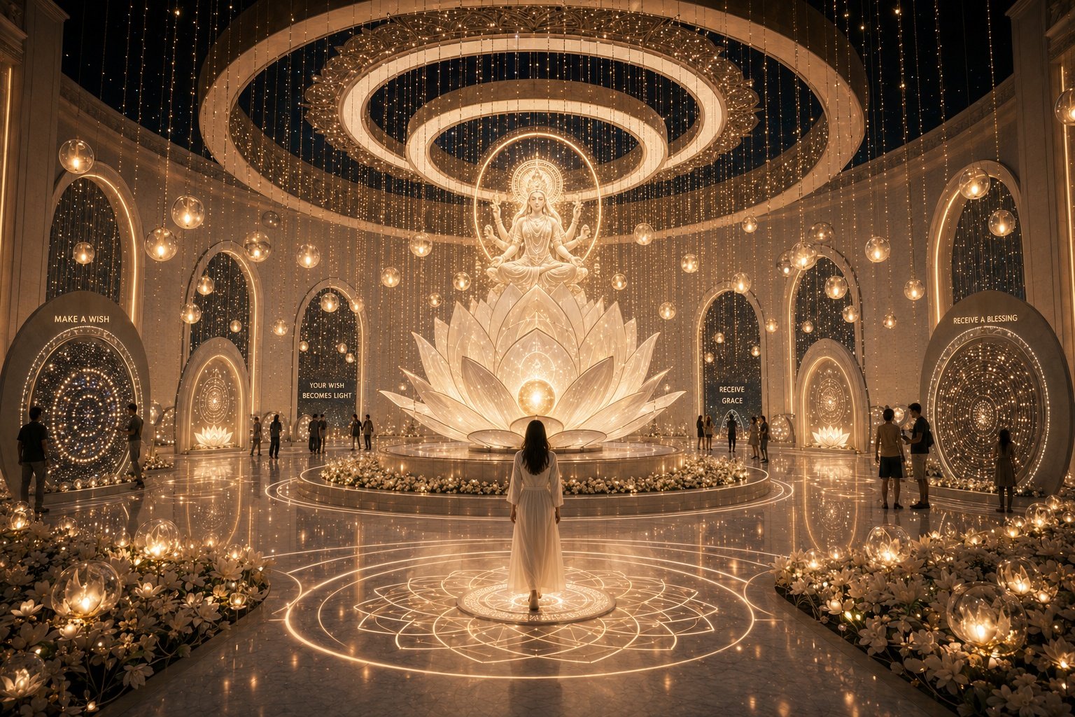 Siddhidatri concept with a luminous lotus beneath a seated goddess, concentric ceiling rings, hanging lights and reflective circular floor patterns.