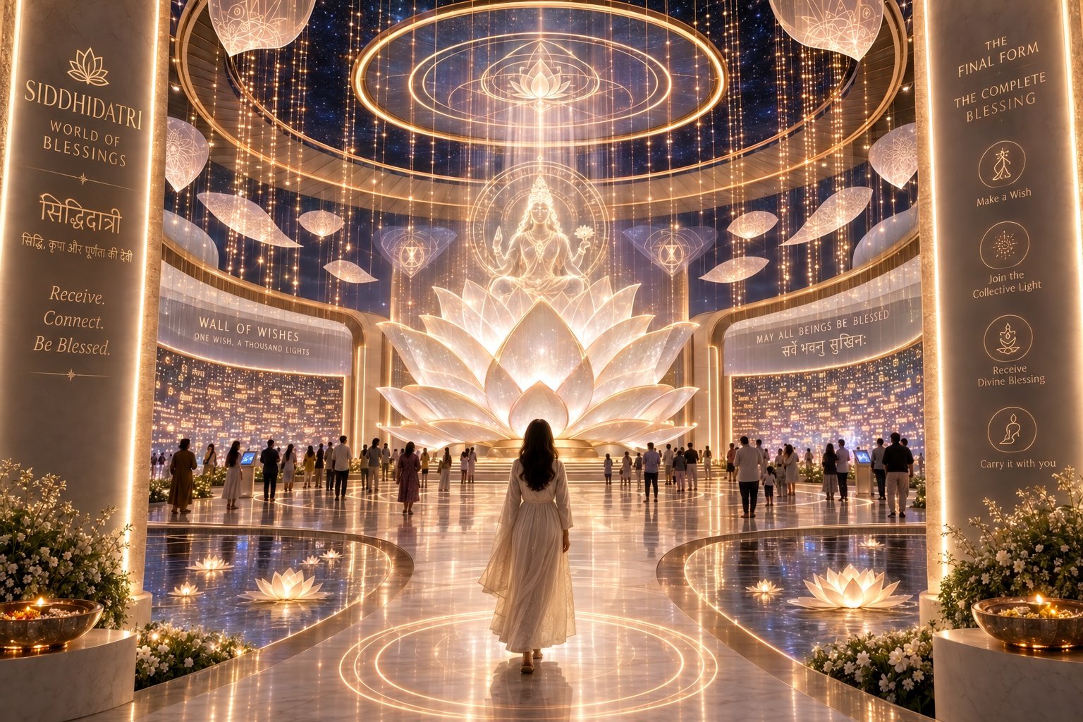 Siddhidatri World of Blessings concept with a glowing lotus centrepiece, walls of wishes, suspended petals and visitors beneath circular light rings.
