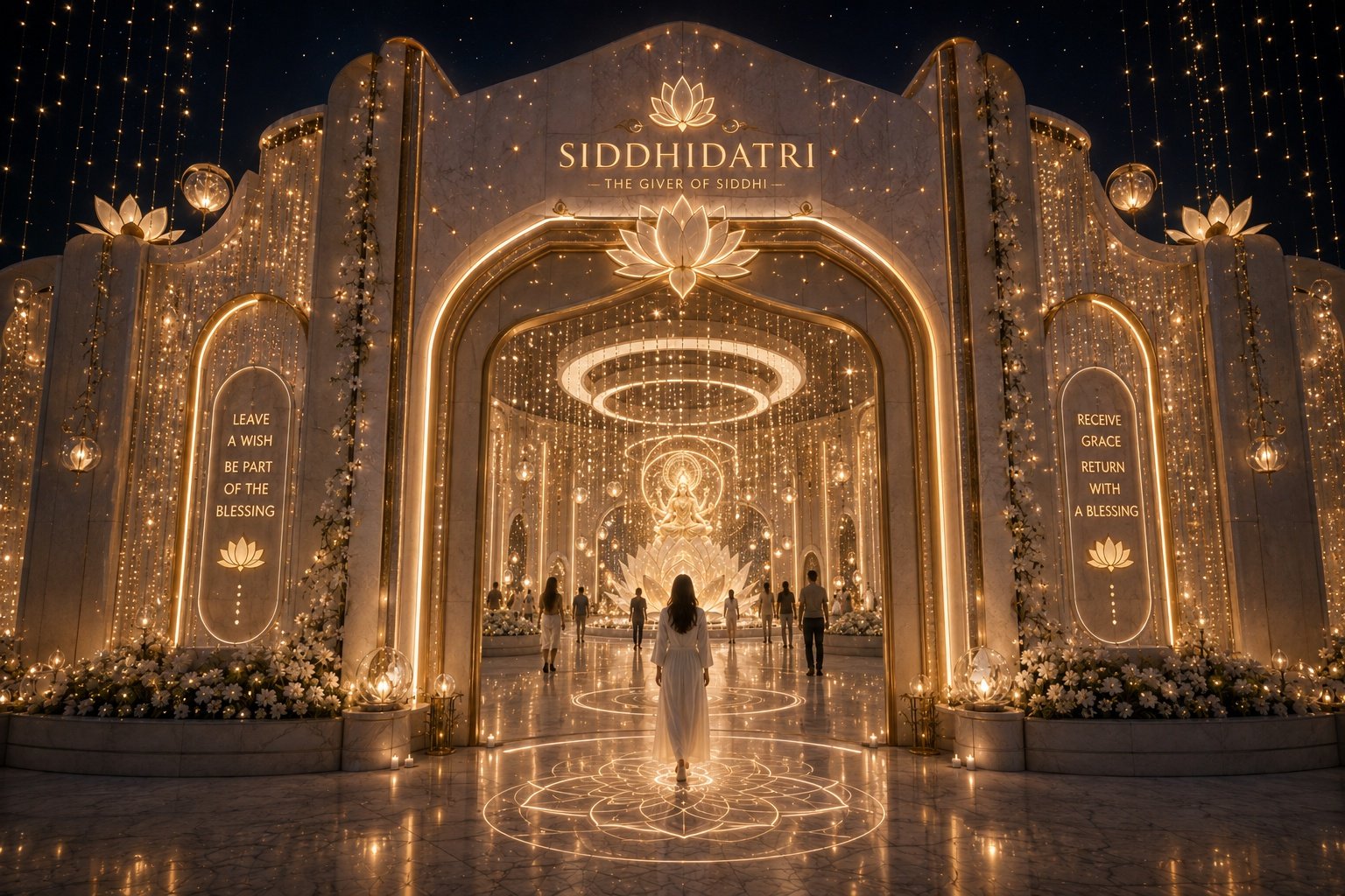 Siddhidatri entrance concept framed by warm illuminated arches, lotus motifs, white flowers and hanging lights leading towards a central lotus installation.