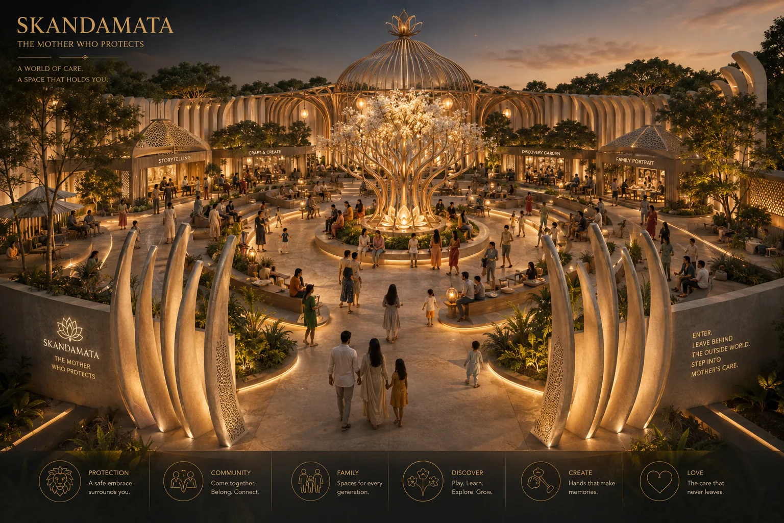 Skandamata family courtyard with luminous mother tree, storytelling and children's activities